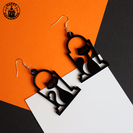 Black Cat Halloween Tombstone Earrings