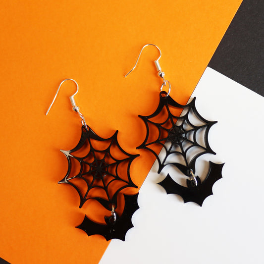 Halloween Web And Bat Earrings