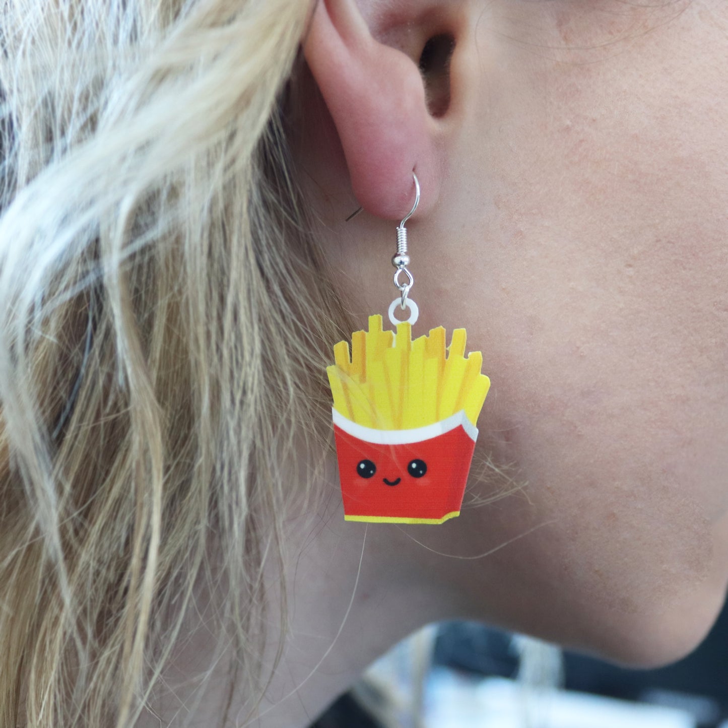 acrylic burger to my fries acrylic printed earrrings with fries shown hanging from ears