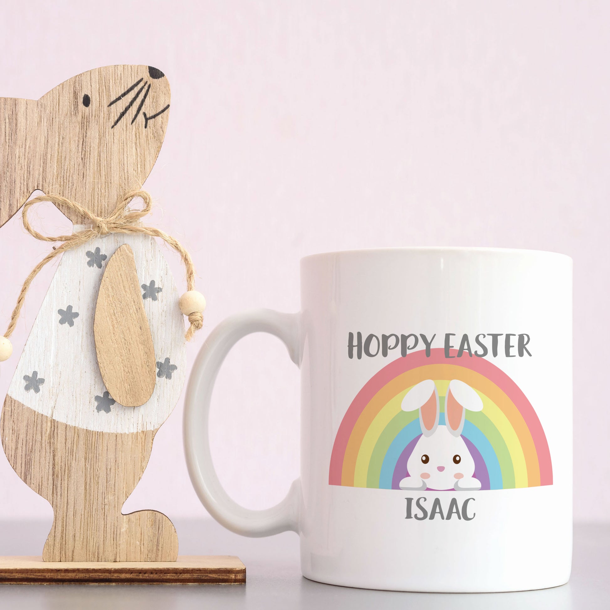 mug for easter white mug with rainbow and bunny design personalised