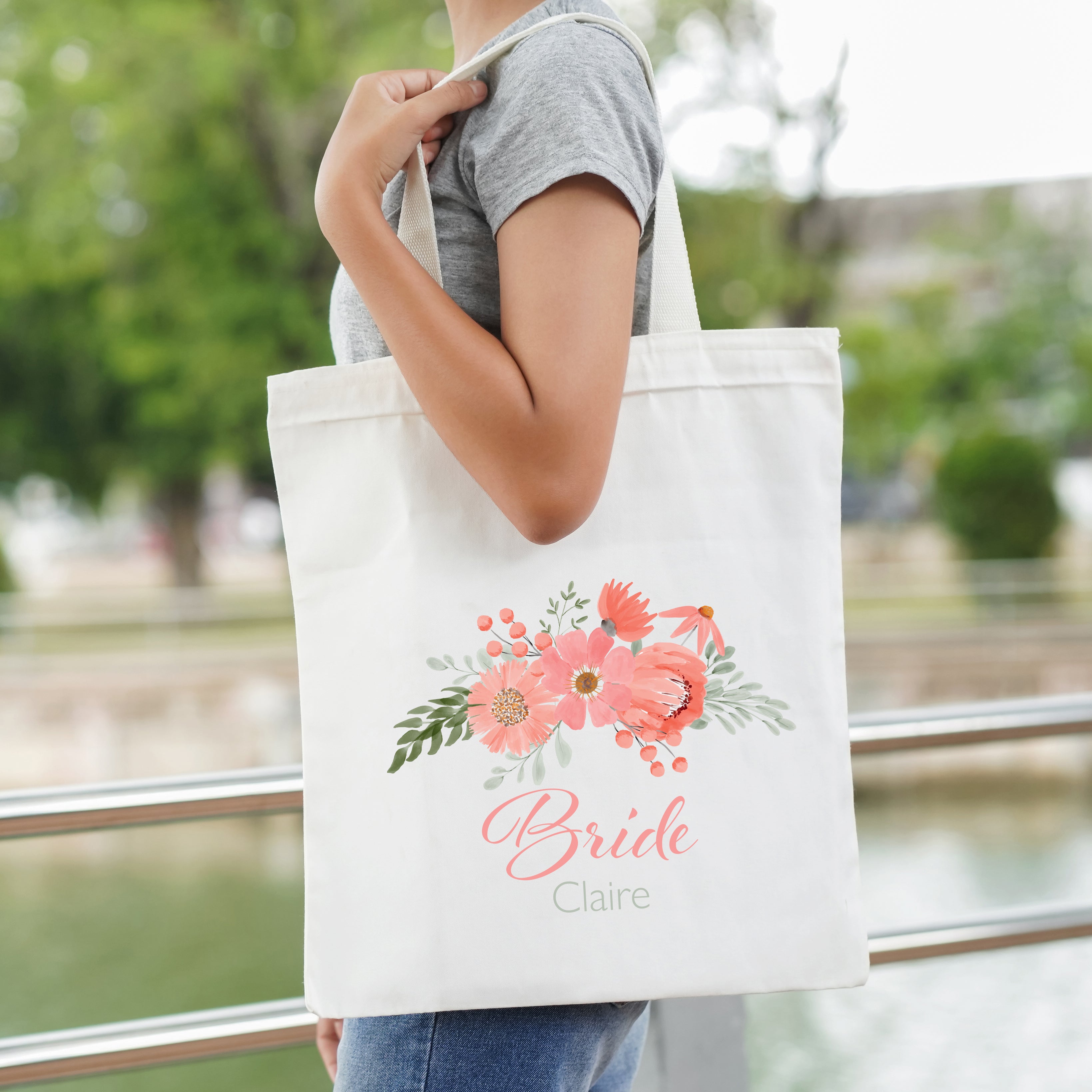 Bridal Party Personalised Tote Bags Peach And Sage