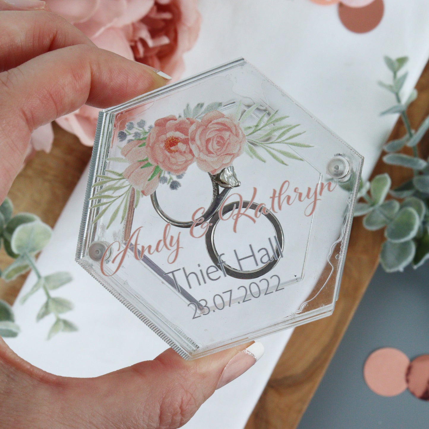 Hexagonal Acrylic Personalised Wedding Ring Box